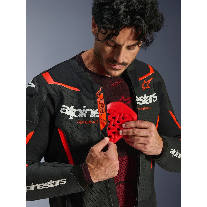 Δερμάτινο μπουφάν μοτοσικλέτας Alpinestars GP Force V2 Airflow μαύρο-φθορίζον κόκκινο-λευκό