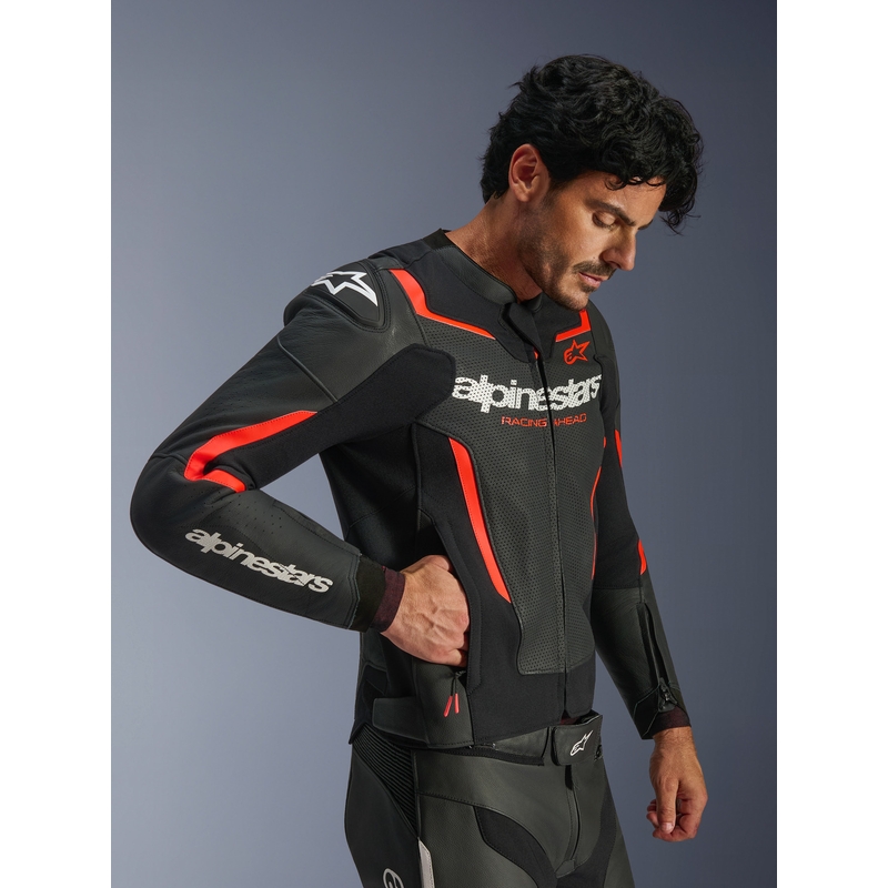 Δερμάτινο μπουφάν μοτοσικλέτας Alpinestars GP Force V2 Airflow μαύρο-φθορίζον κόκκινο-λευκό