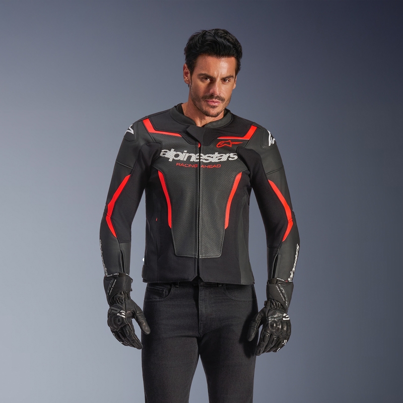 Δερμάτινο μπουφάν μοτοσικλέτας Alpinestars GP Force V2 Airflow μαύρο-φθορίζον κόκκινο-λευκό