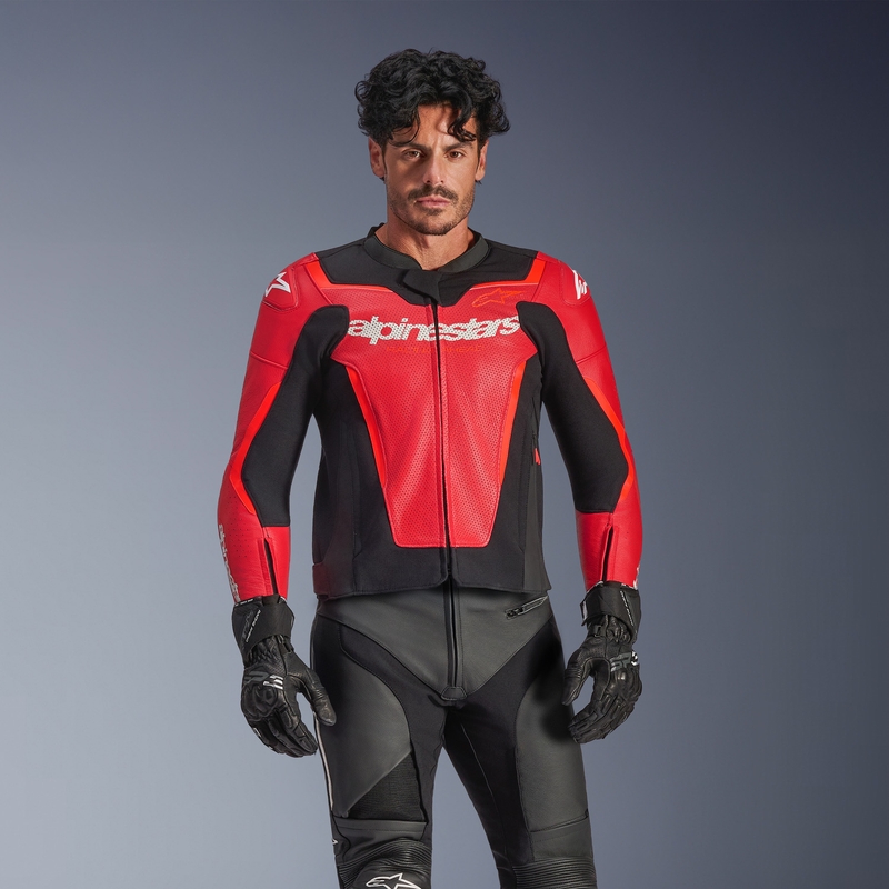 Δερμάτινο μπουφάν μοτοσικλέτας Alpinestars GP Force V2 Airflow σε fluorescent κόκκινο-μαύρο-λευκό