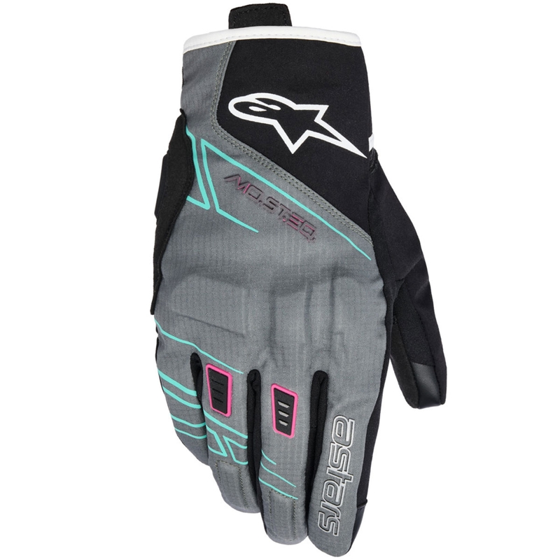 Γυναικεία γάντια μοτοσικλέτας Alpinestars STELLA MOBLAST WATERPROOF γκρι-μαύρο-φλουορ ροζ-τυρκουάζ-λευκό