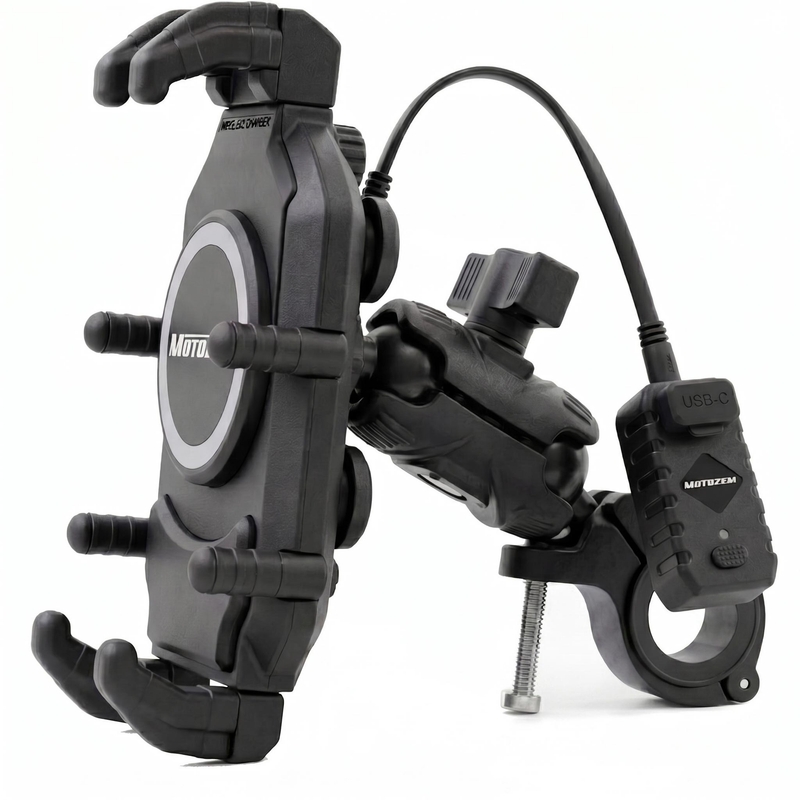 Αντικραδασμική βάση MotoZem Claw PRO με ασύρματο φορτιστή και υποδοχή USB-C σε μαύρο χρώμα