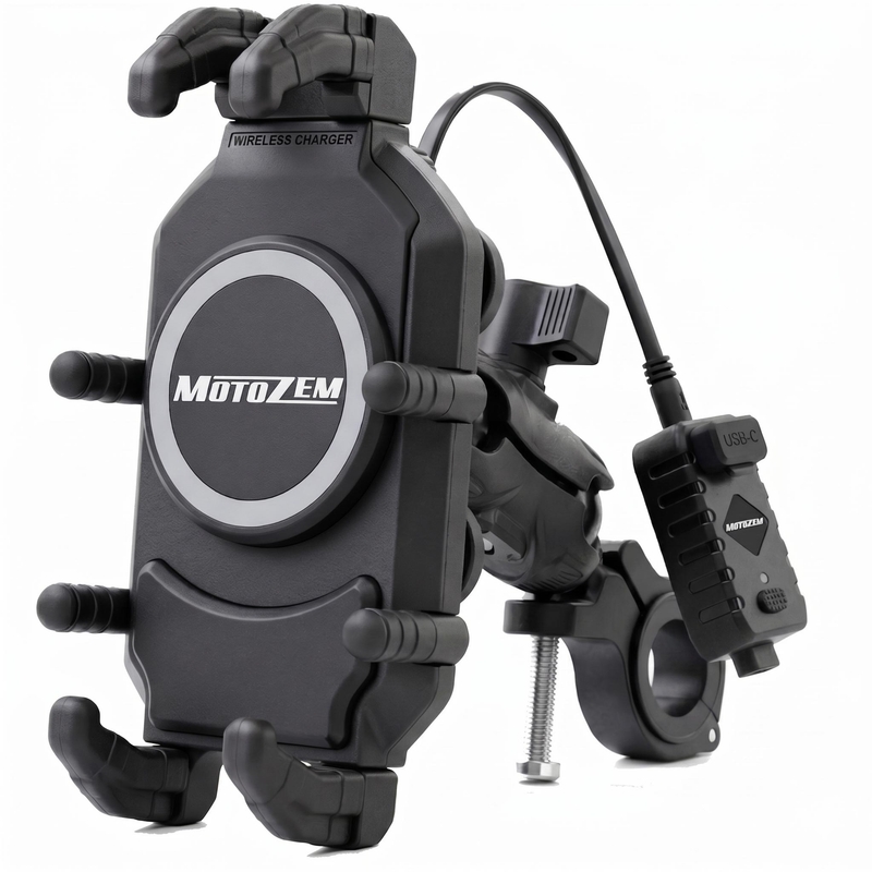 Αντικραδασμική βάση MotoZem Claw PRO με ασύρματο φορτιστή και υποδοχή USB-C σε μαύρο χρώμα