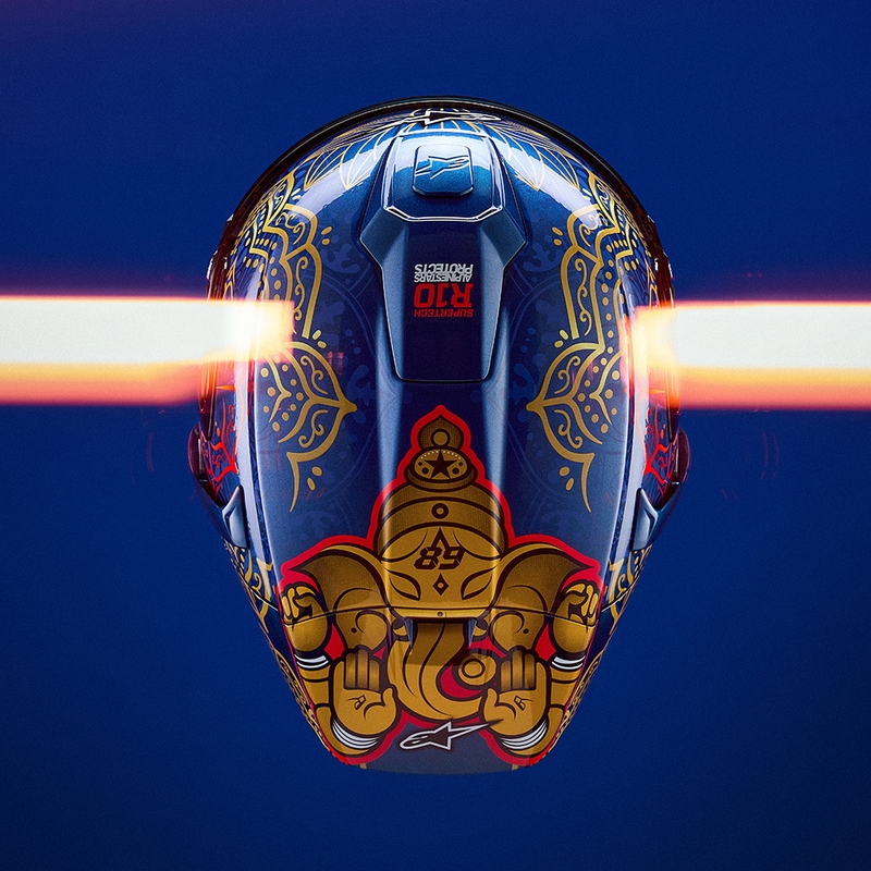 Κράνος μοτοσικλέτας full-face Alpinestars Supertech R10 Marthainator περιορισμένης έκδοσης JORGE MARTIN μπλε μαργαριταρένιο χρυσό κόκκινο