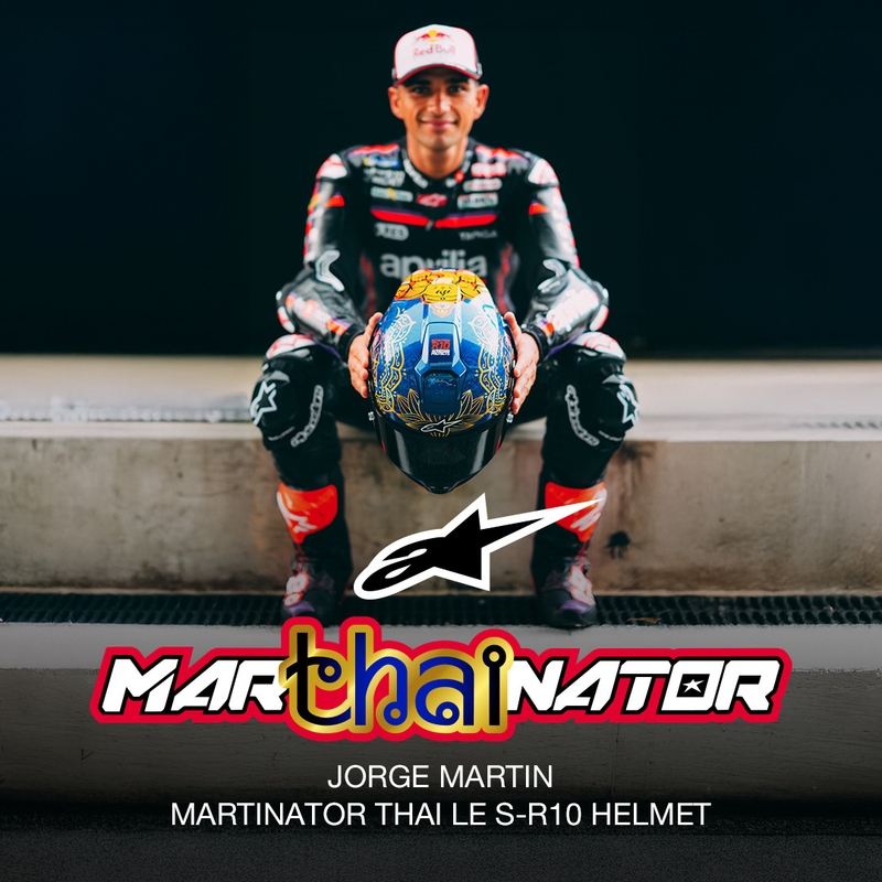 Κράνος μοτοσικλέτας full-face Alpinestars Supertech R10 Marthainator περιορισμένης έκδοσης JORGE MARTIN μπλε μαργαριταρένιο χρυσό κόκκινο