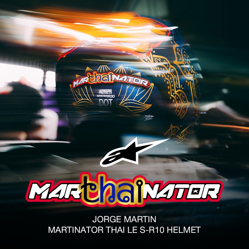Κράνος μοτοσικλέτας full-face Alpinestars Supertech R10 Marthainator περιορισμένης έκδοσης JORGE MARTIN μπλε μαργαριταρένιο χρυσό κόκκινο