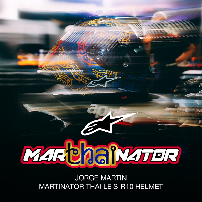 Κράνος μοτοσικλέτας full-face Alpinestars Supertech R10 Marthainator περιορισμένης έκδοσης JORGE MARTIN μπλε μαργαριταρένιο χρυσό κόκκινο