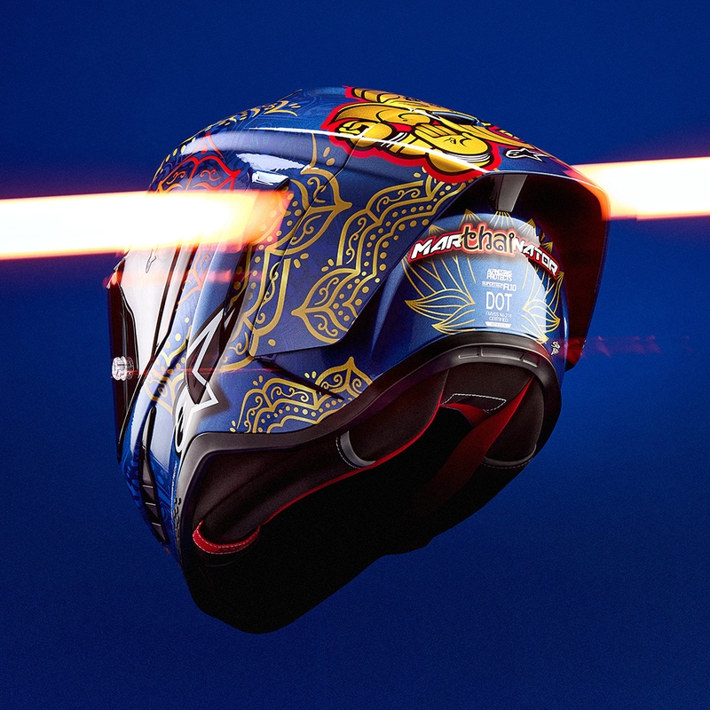 Κράνος μοτοσικλέτας full-face Alpinestars Supertech R10 Marthainator περιορισμένης έκδοσης JORGE MARTIN μπλε μαργαριταρένιο χρυσό κόκκινο