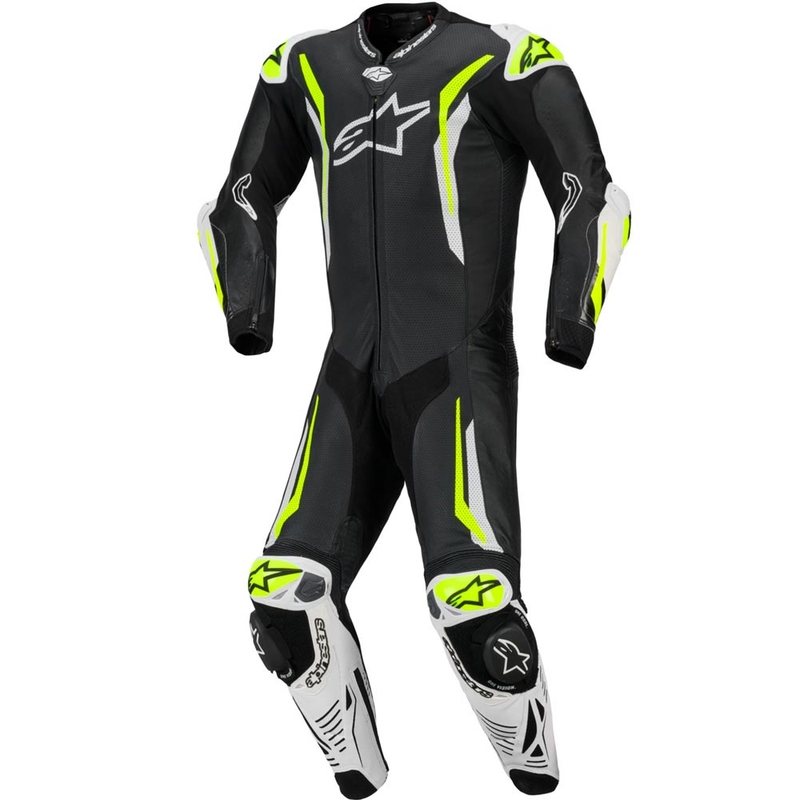 Ολόσωμη δερμάτινη φόρμα μοτοσικλέτας Alpinestars GP TECH V5 σε μαύρο-λευκό-φλουορ κίτρινο