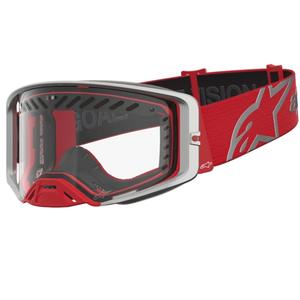 Γυαλιά motocross Alpinestars Supertech Dura Air Fluid σε κόκκινο-ασημί χρώμα με διάφανο πλεξιγκλάς