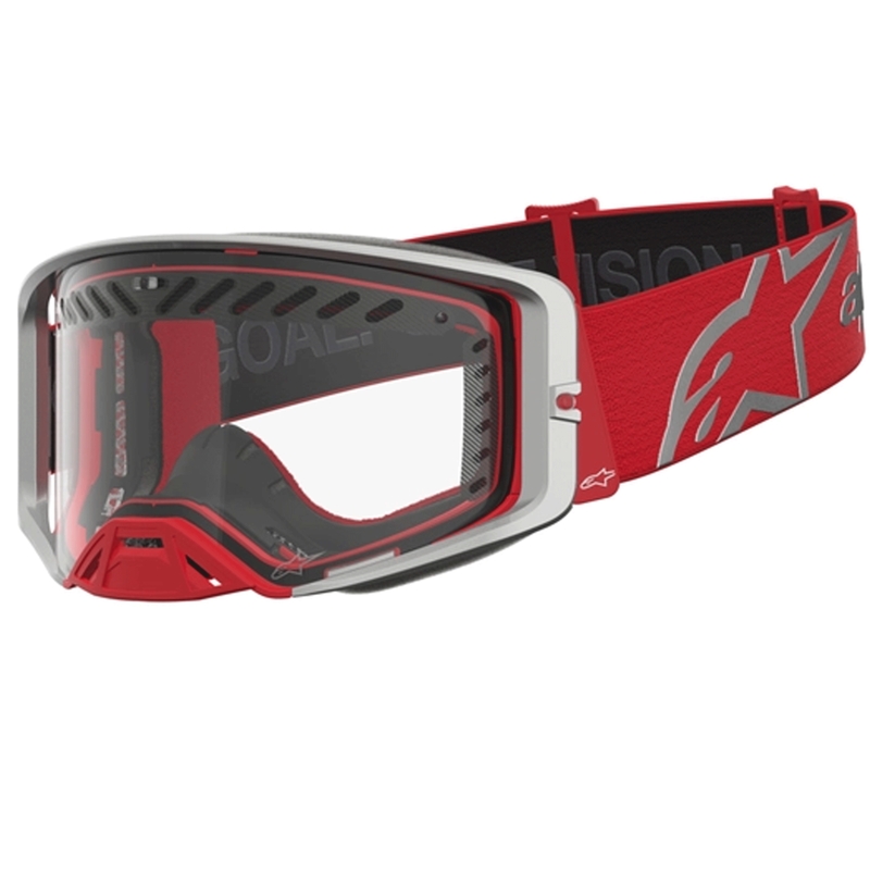 Γυαλιά motocross Alpinestars Supertech Dura Air Fluid σε κόκκινο-ασημί χρώμα με διάφανο πλεξιγκλάς