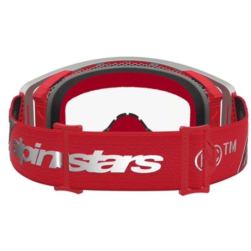 Γυαλιά motocross Alpinestars Supertech Dura Air Fluid σε κόκκινο-ασημί χρώμα με διάφανο πλεξιγκλάς