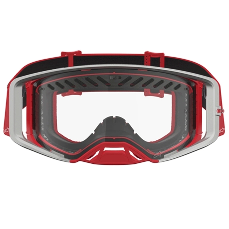 Γυαλιά motocross Alpinestars Supertech Dura Air Fluid σε κόκκινο-ασημί χρώμα με διάφανο πλεξιγκλάς
