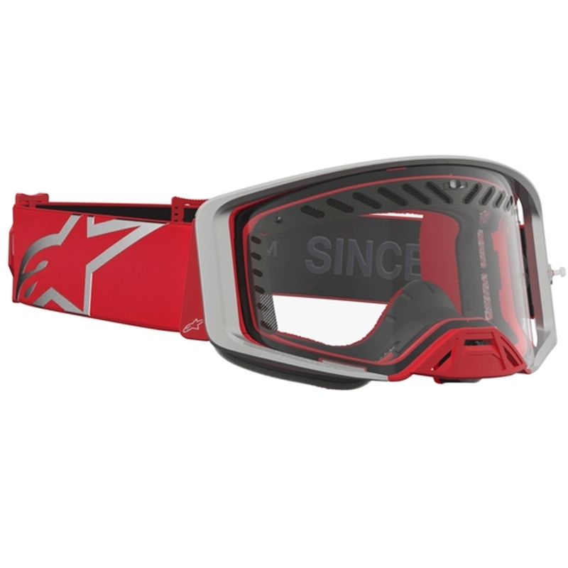 Γυαλιά motocross Alpinestars Supertech Dura Air Fluid σε κόκκινο-ασημί χρώμα με διάφανο πλεξιγκλάς