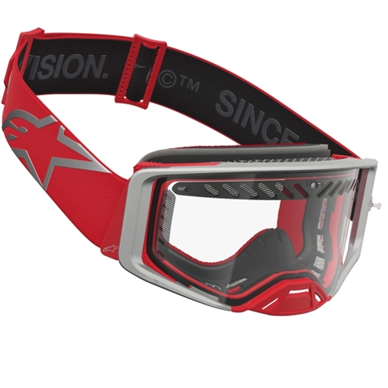 Γυαλιά motocross Alpinestars Supertech Dura Air Fluid σε κόκκινο-ασημί χρώμα με διάφανο πλεξιγκλάς