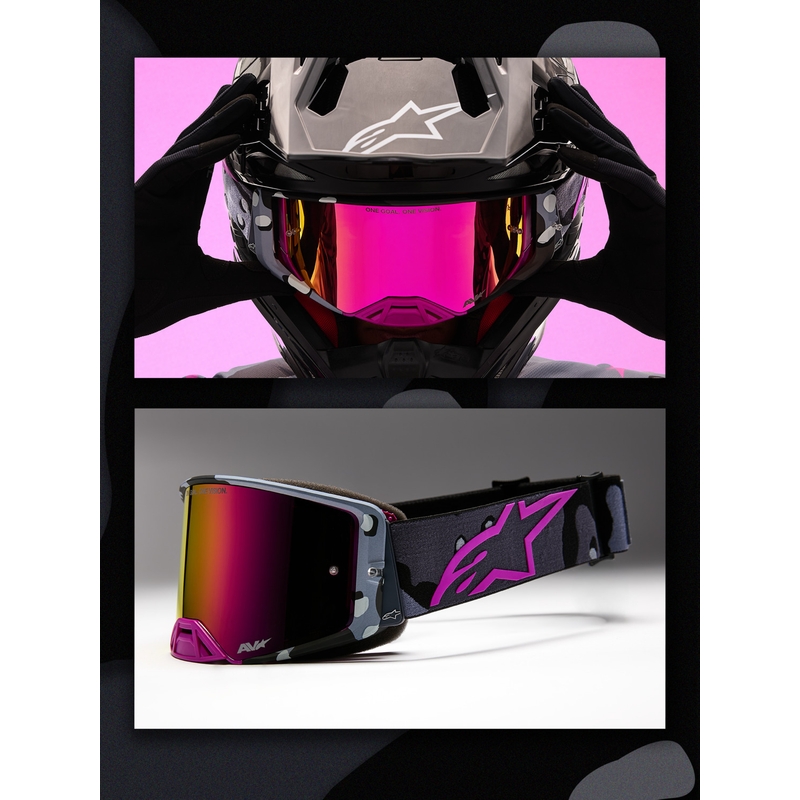 Γυαλιά motocross Alpinestars Supertech Lone μωβ παραλλαγής με ροζ πλεξιγκλάς καθρέφτη