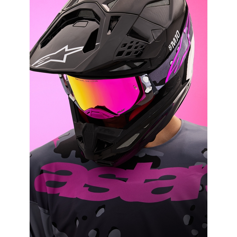 Γυαλιά motocross Alpinestars Supertech Lone μωβ παραλλαγής με ροζ πλεξιγκλάς καθρέφτη
