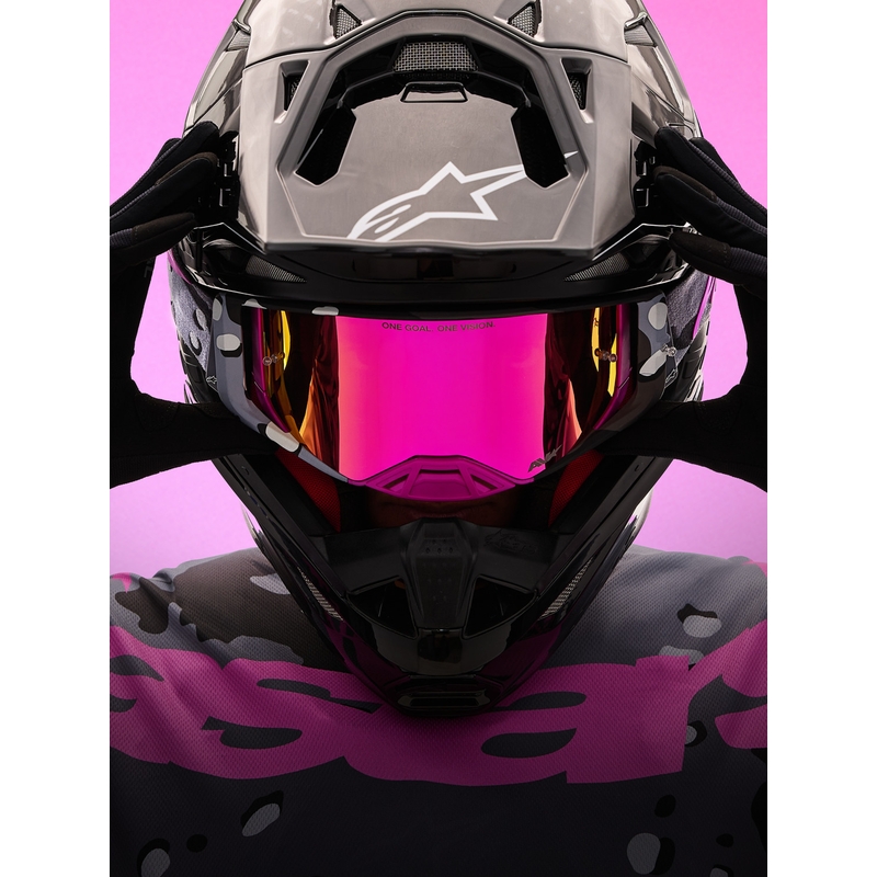 Γυαλιά motocross Alpinestars Supertech Lone μωβ παραλλαγής με ροζ πλεξιγκλάς καθρέφτη