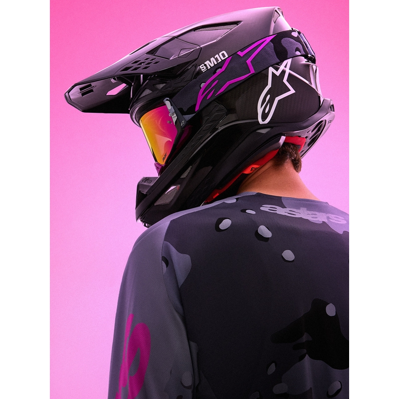 Γυαλιά motocross Alpinestars Supertech Lone μωβ παραλλαγής με ροζ πλεξιγκλάς καθρέφτη