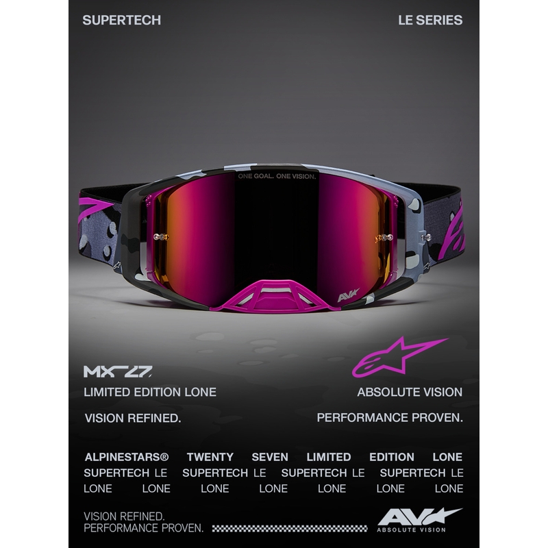 Γυαλιά motocross Alpinestars Supertech Lone μωβ παραλλαγής με ροζ πλεξιγκλάς καθρέφτη