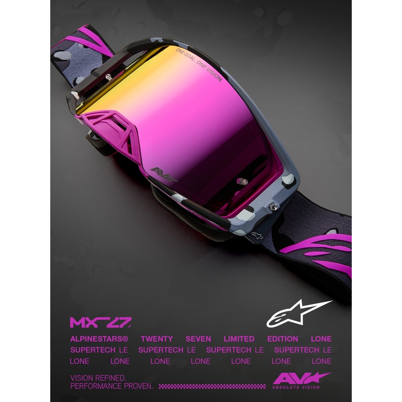 Γυαλιά motocross Alpinestars Supertech Lone μωβ παραλλαγής με ροζ πλεξιγκλάς καθρέφτη