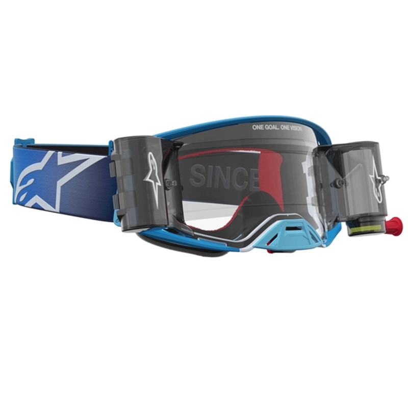 Γυαλιά motocross Alpinestars Supertech ROLL-OFF μπλε-ασημί με διαφανές πλεξιγκλάς