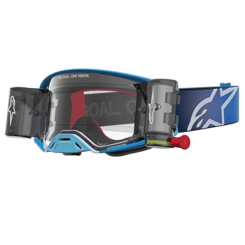 Γυαλιά motocross Alpinestars Supertech ROLL-OFF μπλε-ασημί με διαφανές πλεξιγκλάς