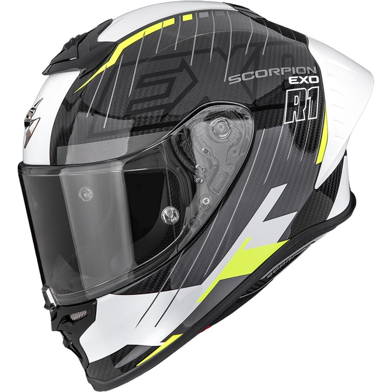 Κράνος μοτοσικλέτας Scorpion EXO-R1 EVO II Air Surge full-face, μαύρο-λευκό-φλουορ κίτρινο