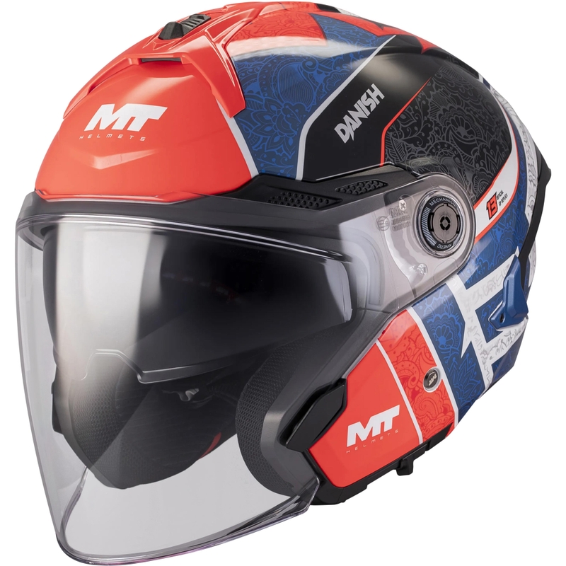 Κράνος μοτοσικλέτας ανοιχτού τύπου MT Cosmo SV Danish 26 Season C5 μπλε-κόκκινο-άσπρο-μαύρο