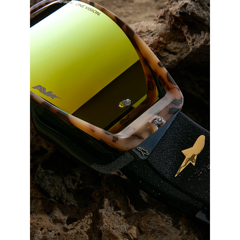 Γυαλιά motocross Alpinestars Supertech περιορισμένης έκδοσης Zona, μαύρα-καφέ με χρυσό καθρέφτη από πλεξιγκλάς